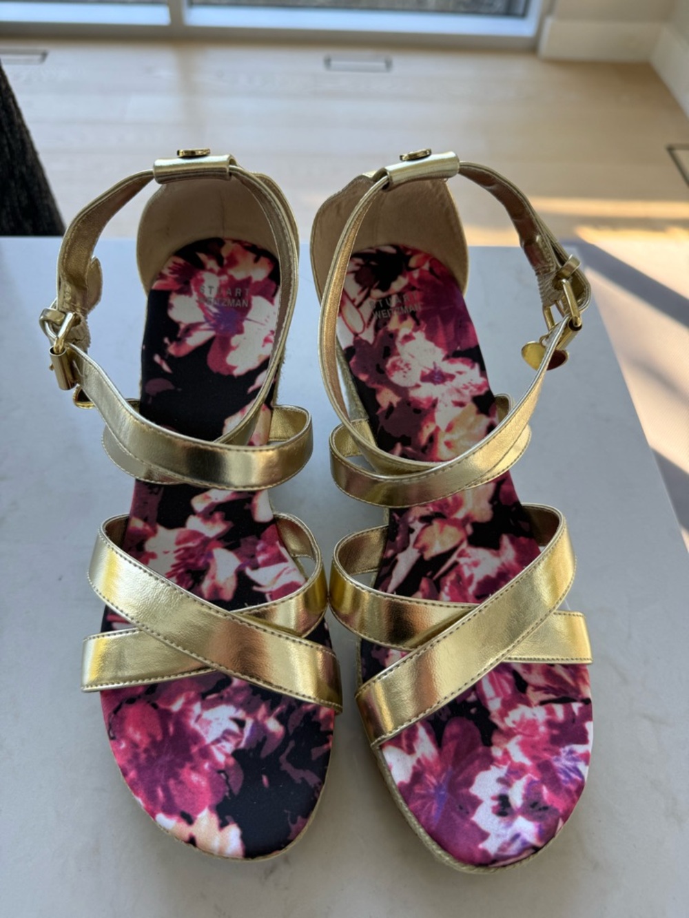 Stuart Weitzman Metallic Gold Strappy Floral Insole Sandals